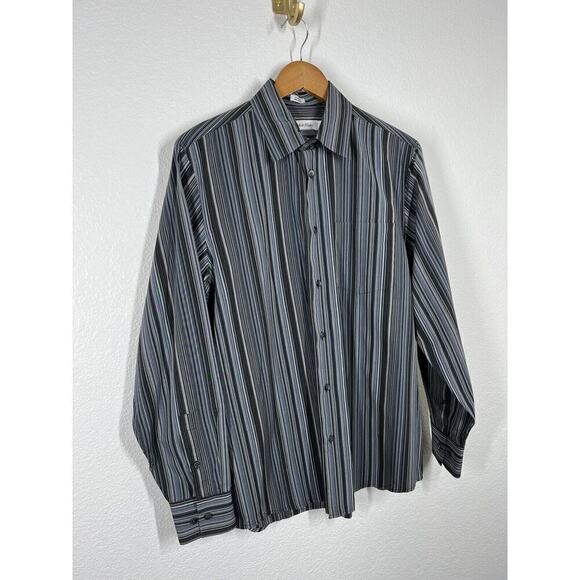 Calvin Klein Striped Button Down Shirt Medium M Long Sleeves Gray Blue - Picture 3 of 4